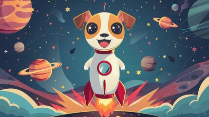 Naklejka premium Cartoon dog face with a rocket ship, space adventure background with planets