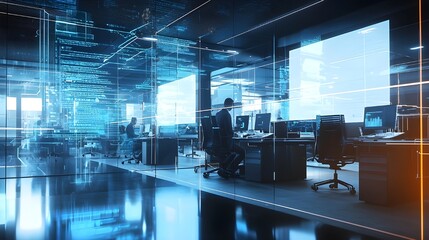 Fototapeta premium Futuristic Digital Office with Advanced Technology – High-Tech Corporate Workspace Featuring AI, Data Analytics, and Smart Innovation for the Future of Business and Cybersecurity