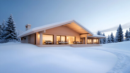 A modern house surrounded by snow-covered trees during twilight, showcasing serene winter beauty and architectural design.