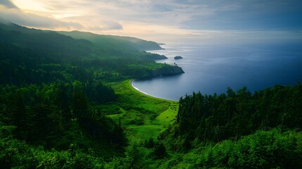 Obraz premium Lush Green Coastline and Ocean View