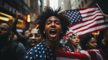 Obraz premium A black man with the American flag on his shoulders stands in the center of a protest, surrounded by demonstrators
