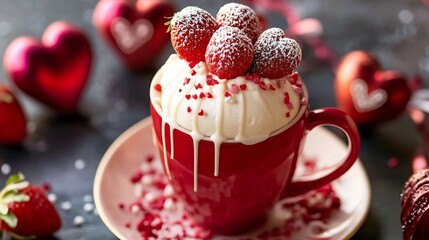 Delicious Red Cup of Strawberry Topped Creamy Dessert with Heart Shaped Decorations for Valentines Day Celebration : Generative AI