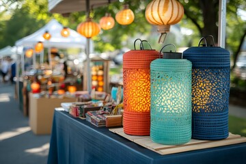 Vibrant Outdoor Market Stalls Featuring Handmade Crafts Lanterns and Decor