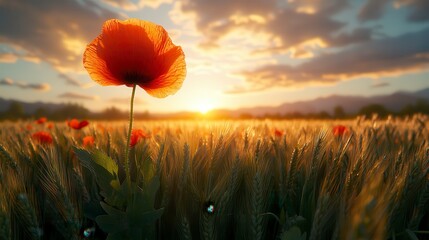 Sunset poppy field, nature, landscape, golden hour, peaceful scene, postcard