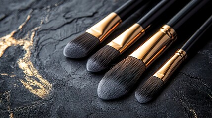 Fototapeta premium Set of professional makeup brushes arranged on a black surface for beauty and cosmetics