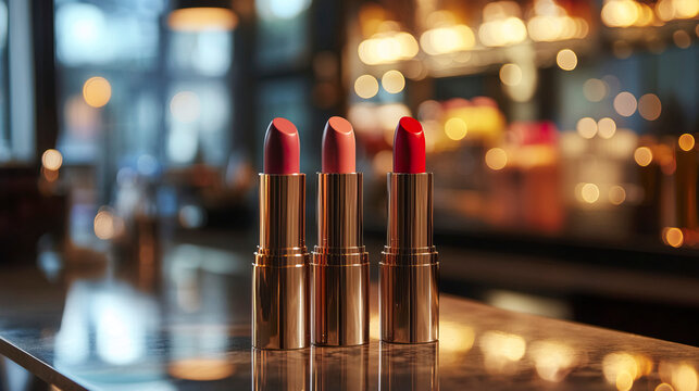 Close up of three lipsticks on a counter display for makeup and beauty products