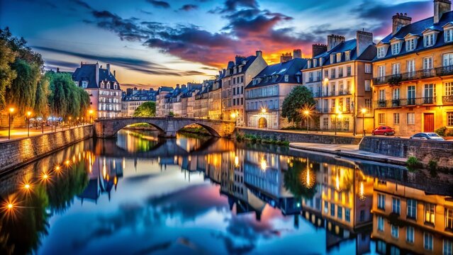 Rennes France Night Photography: Vilaine River Cityscape Lights