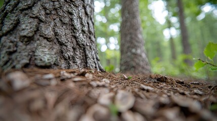 Fototapeta premium Forest floor, tree trunks, pine needles, background blur, nature photography