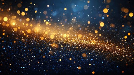Fototapeta premium A mesmerizing abstract digital artwork featuring glowing golden and blue light streaks with scattered bokeh particles. This design conveys energy, movement, festive ambiance, and futuristic aesthetics