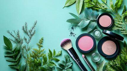 Various makeup products arranged on a green background for beauty and cosmetics display