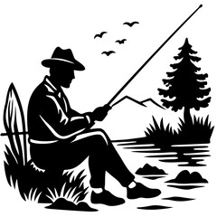  A fisherman sitting by the river  silhouette vector illustration 