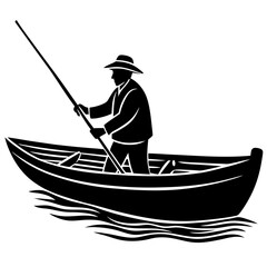 A fisherman in a small boat  silhouette vector illustration 