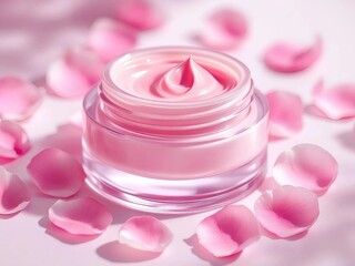 Artistic illustration. Close up of a jar of pink moisturizing cream with rose petals on a pink background