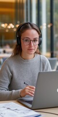 Fototapeta premium A woman wearing headphones and glasses is sitting at a table with a laptop. She is focused on her work and she is in a serious mood
