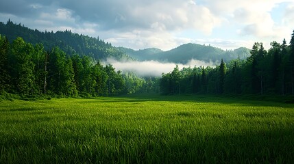 Lush Green Field with Misty Mountains and Cloudy Sky