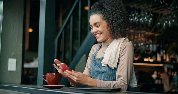 Phone, waitress and lunch break with woman in cafe for restaurant promotion, social media post and chat. Hashtag campaign, customer engagement and smile with person in coffee shop for loyalty program