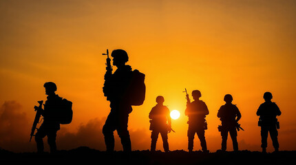 Fototapeta premium Military squad standing with rifles at sunset