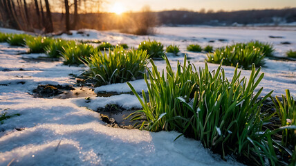 A sunlit field with patches of melting snow and fresh green grass, earliy spring concept