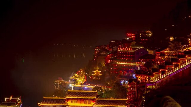 Explore the stunning night view of Chongqing Wujiang Gongtan Ancient Town and its captivating architecture
