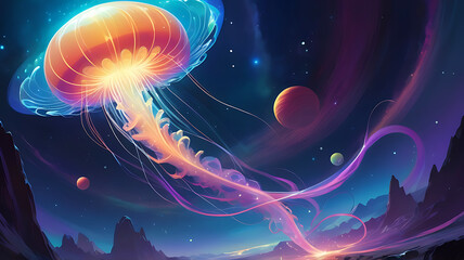 Naklejka premium Jellyfish floating on the space ocean, Neon jellyfish in cosmic space dust, abstract illustration 