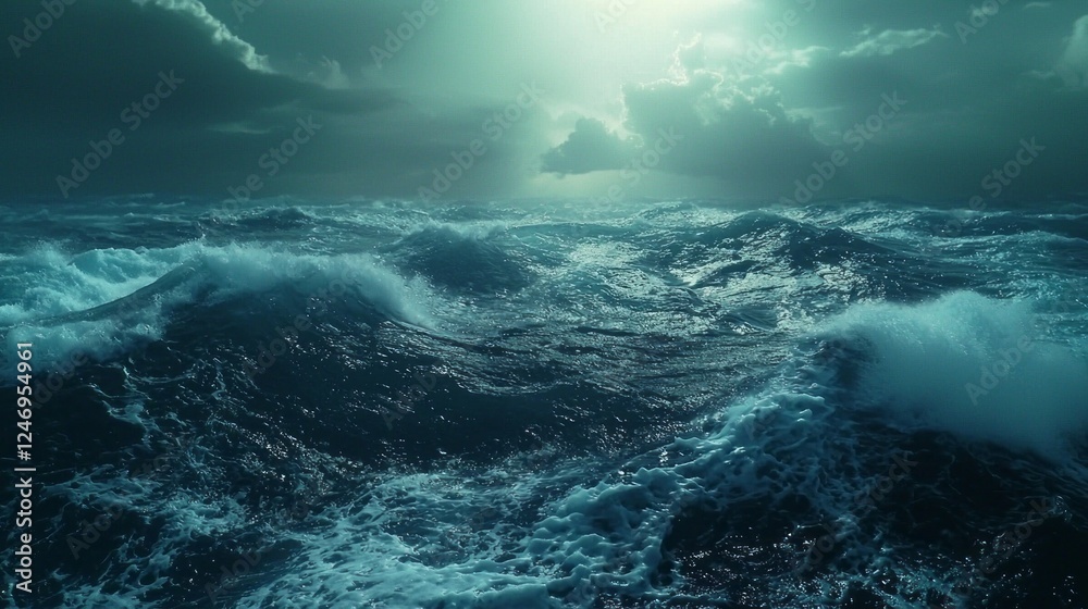Poster an enchanting display of waves rolling fiercely in the sea, illuminated by countless sun reflections