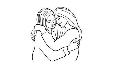 Two girls hugging, continuous line drawing. Support, empathy, friendship. Vector illustration isolated on white background