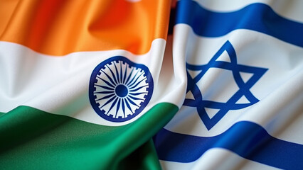 India and Israel two flags textile cloth together with fabric texture	