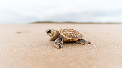 Ocean Cleanup Efforts Collecting Plastic Waste to Save Marine Life. A baby turtle crawling on a sandy beach.