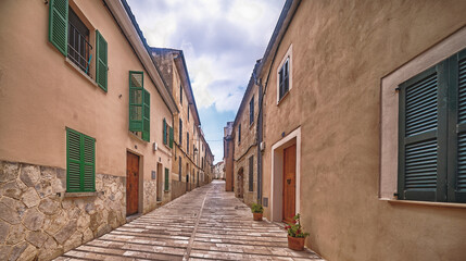 Fototapeta premium Street Scene, Traditional Architecture, Alcúdia, Mallorca, Balearic Islands, Spain, Europe