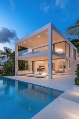 Fototapeta premium Modern white villa with infinity pool overlooking tropical landscape at dusk