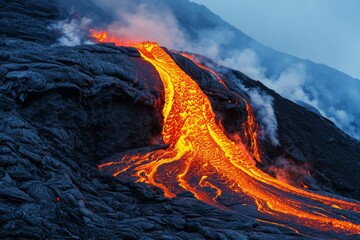 The image presents a lava flow from a volcanic eruption in a tropical setting, as indicated by the presence of palm trees and the dense vegetation surrounding the eruption site