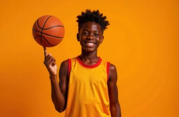 Cheerful African American teenage boy in basketball jersey spinning basketball on finger on orange background