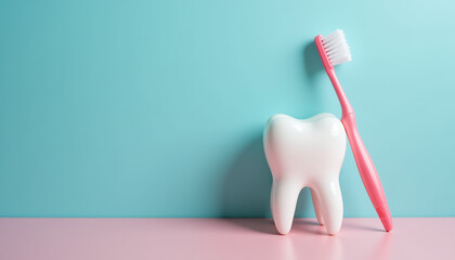 Creative banner showcasing a pink toothbrush leaning against a large tooth on a pastel background for World Oral Health Day promoting dental hygiene.