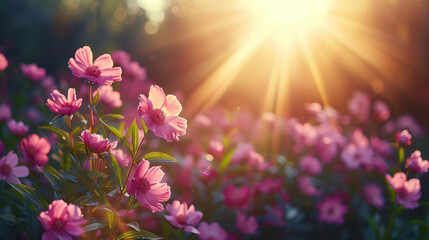 Obraz premium Vibrant pink peonies blooming in sunlight, creating serene atmosphere