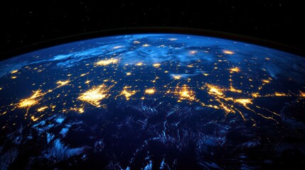 Obraz premium Night Earth, city lights, space view, global network, technology