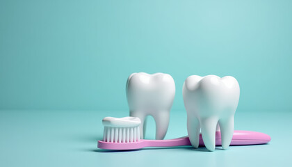Two large teeth with toothbrushes next to them representing dental hygiene on a bright banner for World Oral Health Day.