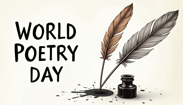 Stylish banner for World Poetry Day featuring colorful quills and ink, celebrating the art of writing and literature.