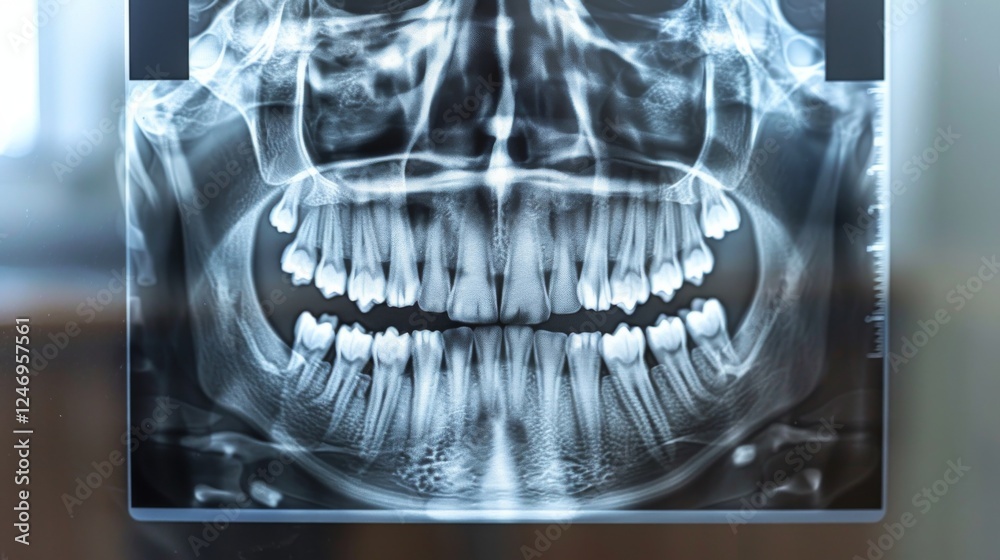 Poster a dental x ray displays a comprehensive view of the entire set of teeth, highlighting the alignment 