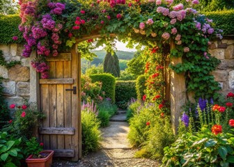 Rustic Country House Garden Entrance, Charming Floral Gate, Summer Day
