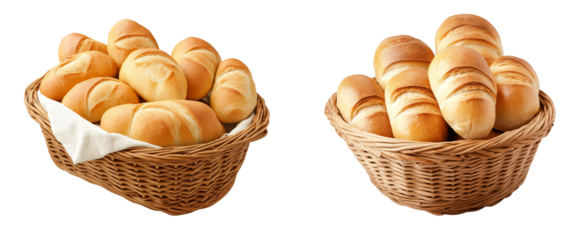 French bread rolls with wicker basket isolated on white or transparent background