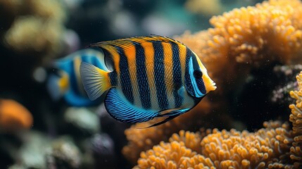 Vibrant angelfish swims near coral reef, underwater scene