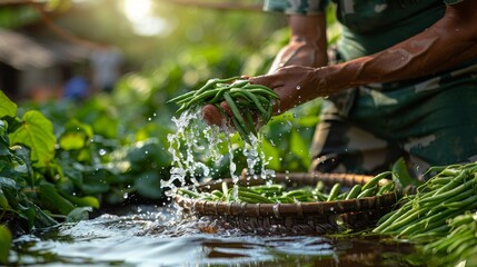 Obraz premium someone washes a bunch of fresh green beans in the river