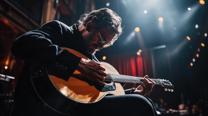 Fototapeta premium Musician playing acoustic guitar on stage during concert