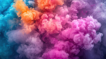 Fototapeta premium Colorful smoke swirls in vibrant hues of orange, pink, and blue create mesmerizing visual against dark background