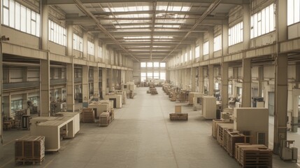 Empty industrial factory interior, daylight. Possible use for manufacturing, industry, or design stock images
