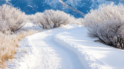 Obraz premium Snow-covered path winding through frosted bushes with mountains
