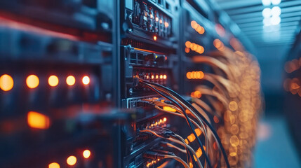 Long row of illuminated server racks in a high-capacity data center operating continuously to support digital infrastructure