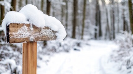 Naklejka premium Snow-covered signpost in peaceful winter forest
