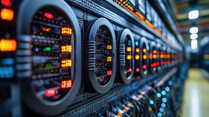 Long row of illuminated server racks in a high-capacity data center operating continuously to support digital infrastructure