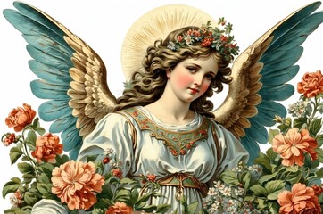 Fototapeta premium Vintage retro antique angel portrait illustration with colorful botanical flowers on isolated white background, people, culture and religion theme concept texture design. 